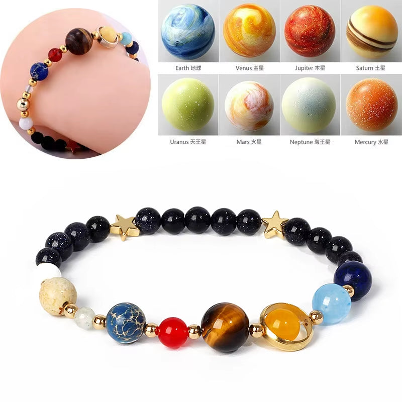 Universe Galaxy Eight Planets Bracelet Solar System Guardian Star Natural Stone Beads Bracelets for Women Fashion Couple Jewelry